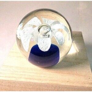 Vintage Art Glass Cobalt Blue w/White Flower & Lg Controlled Bubble Paperweight